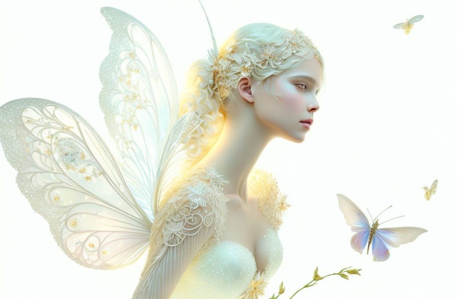 Fair-Haired Fairy with Translucent Wings and Butterflies on Light Background