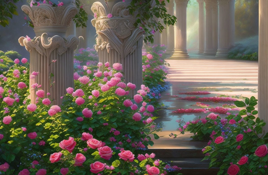 Tranquil garden path with pink roses and white columns in soft sunlight