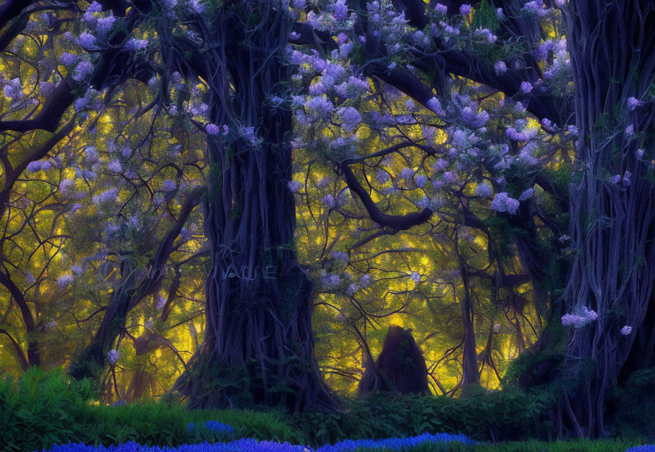 Enchanted forest with purple flowers, ancient trees, golden glow, and bluebells.