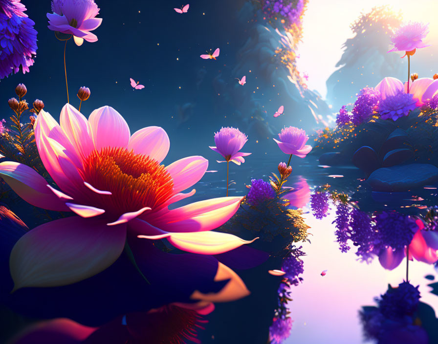 Fantasy landscape with pink lotus flowers, butterflies, and reflective water