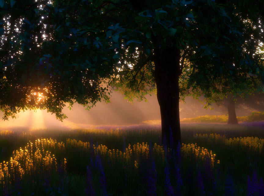 Serene field with purple wildflowers at sunset under fairy lights