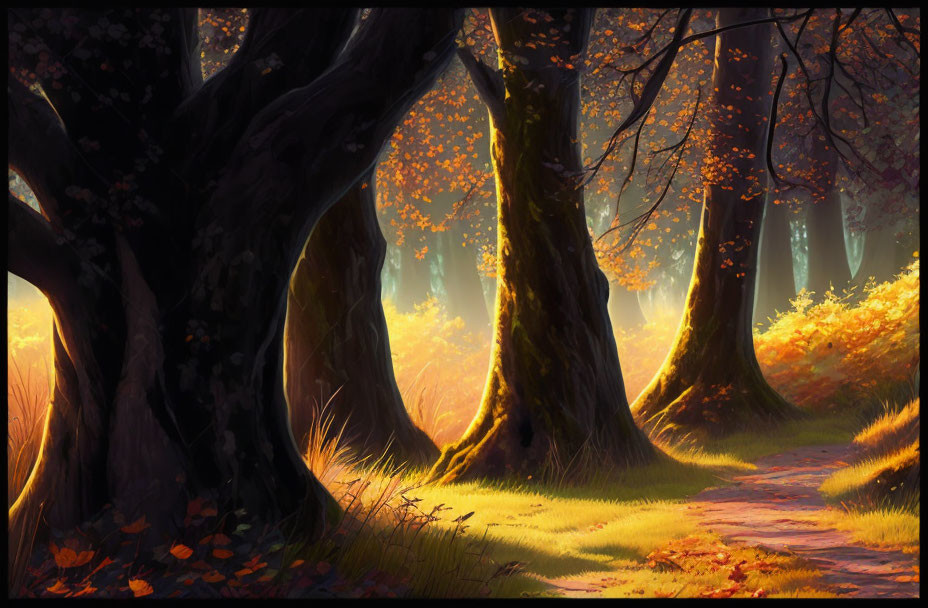 Tranquil Autumn Forest with Golden Light and Fallen Leaves