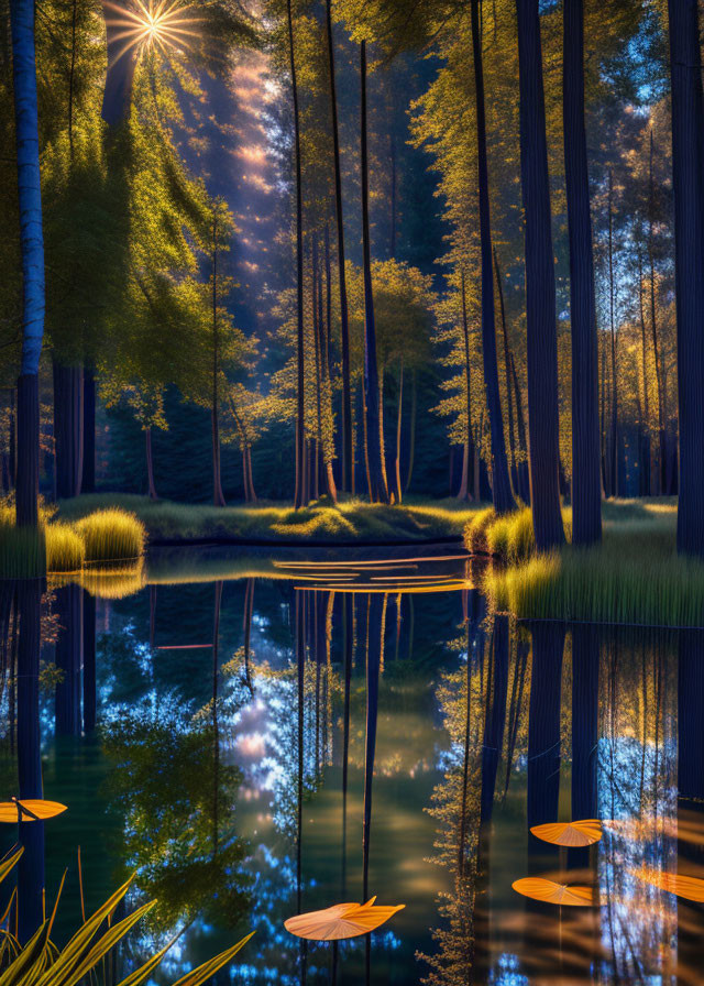 Twilight forest scene with tall trees, illuminated foliage, starburst effect, calm water, and l