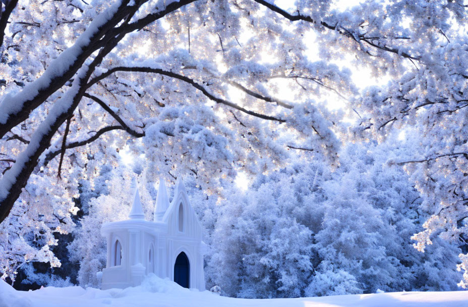 Snow-covered trees and whimsical ice castle in soft light