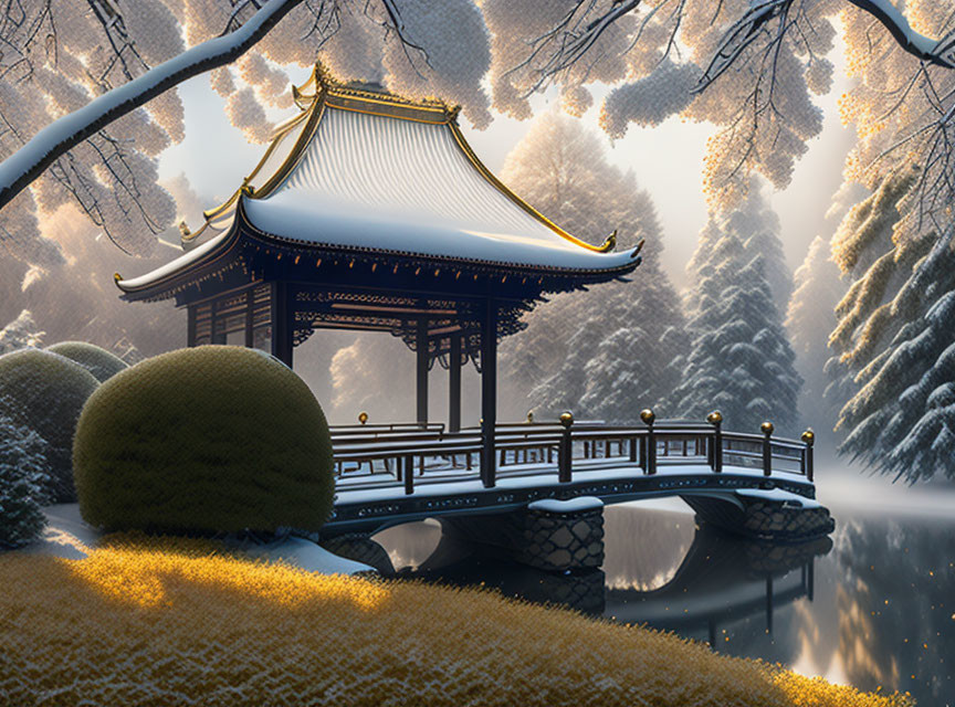 Traditional Asian Pavilion on Serene Lake in Snow-covered Landscape