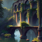 Tranquil river with ancient stone bridge in lush forest