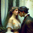 Romantic painting of man and woman in ethereal forest with floral headpieces