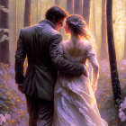 Illustrated romantic couple in formal attire walking in sunlit forest