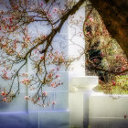 Elegant staircase with blooming flowers and lush greenery leading to intricate doorway