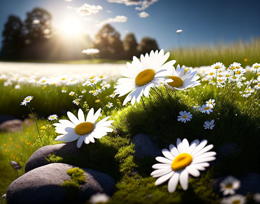 Tranquil field with green grass, daisies, rocks, and sunlight peeking through trees