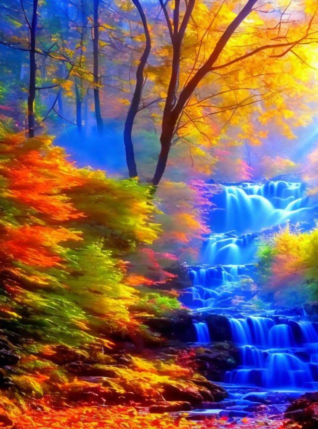 Autumn Forest with Waterfall and Sunbeams in Vibrant Colors