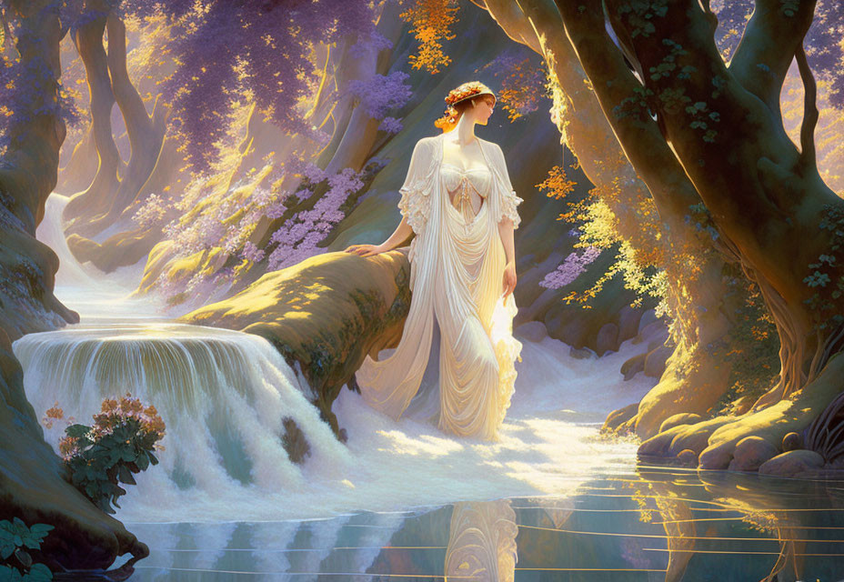 Ethereal woman in white gown by cascading waterfall in serene forest