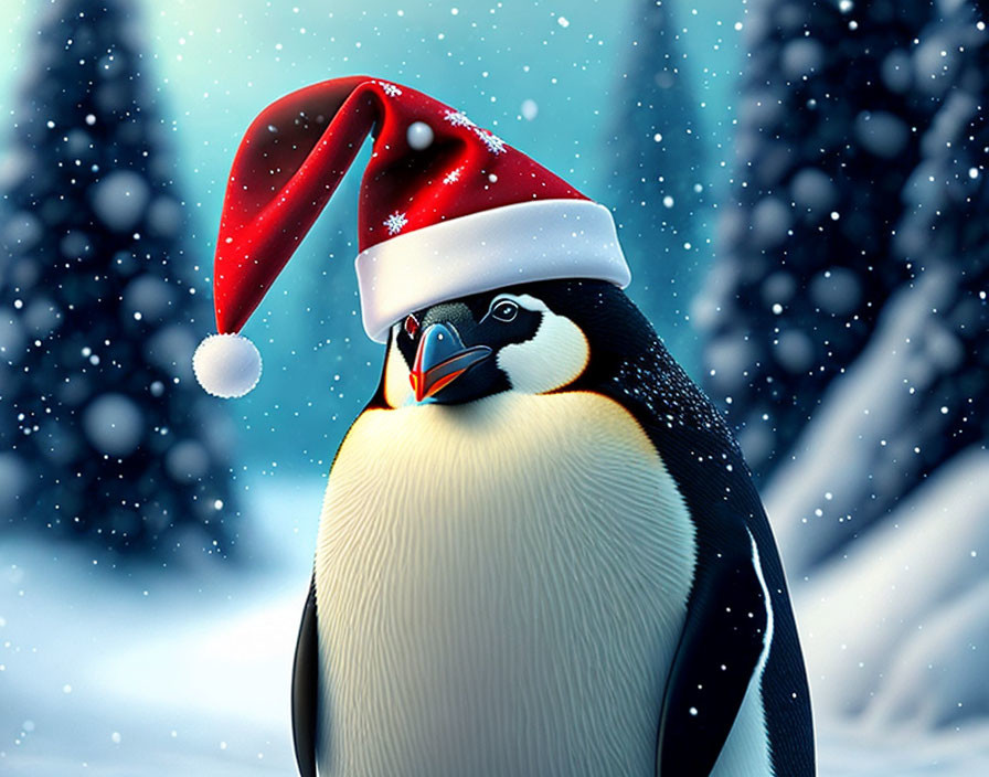 Penguin in Santa Hat in Snowy Landscape