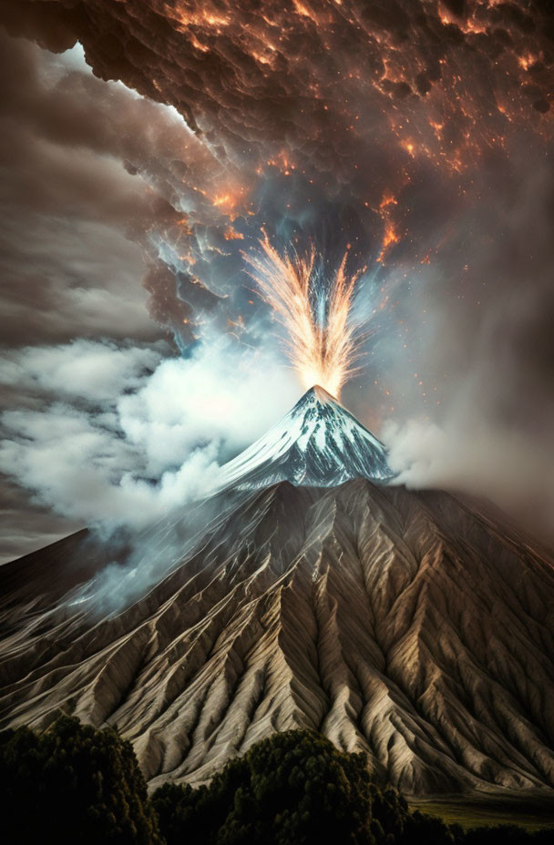 Dramatic volcanic eruption with fiery clouds and ash against sky