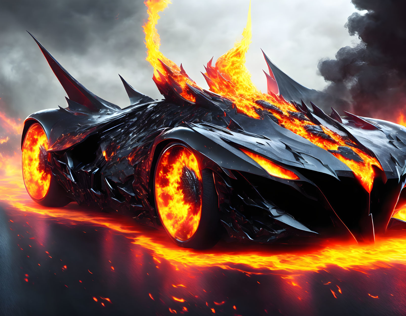 Black fantasy car with fiery design on stormy backdrop