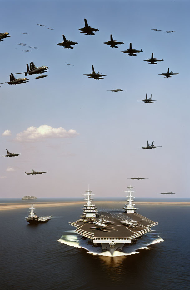 Military aircraft flying over naval formation with aircraft carriers and escort ships in clear sky