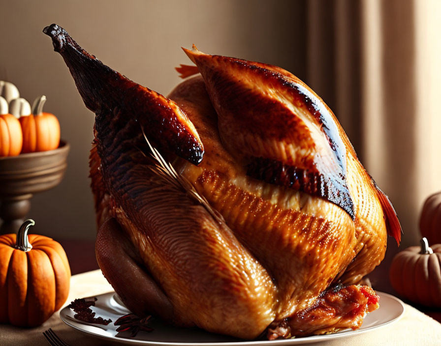 Golden-brown roasted turkey surrounded by pumpkins and autumn leaves