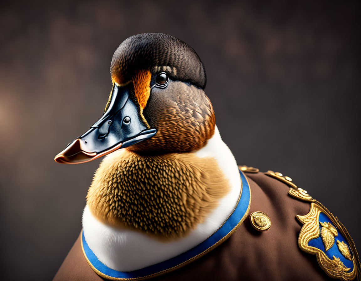 Detailed portrait of a duck in ornate military uniform