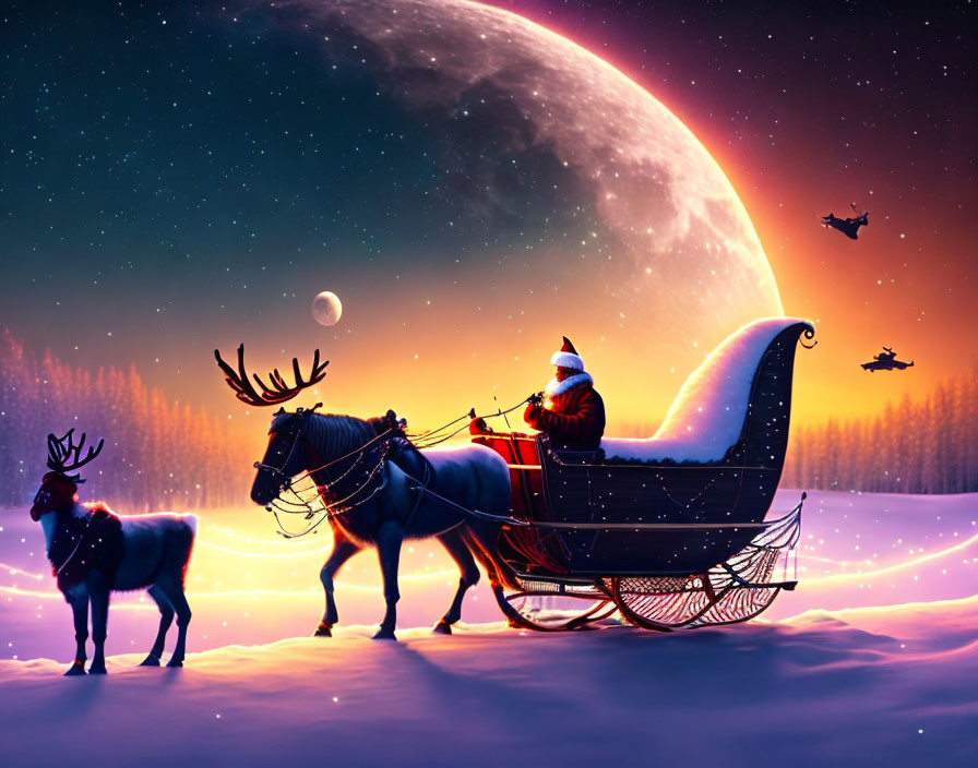 Santa Claus in sleigh pulled by reindeer under starry sky.