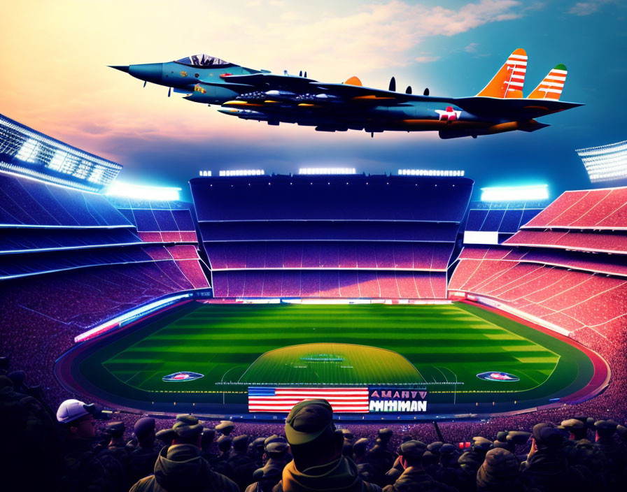 Fighter jet flying over vibrant sports stadium with spectators.