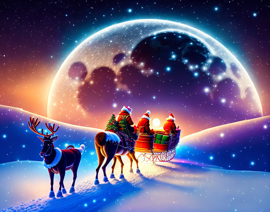 Colorful Santa Claus sleigh pulled by reindeer in snowy moonlit scene