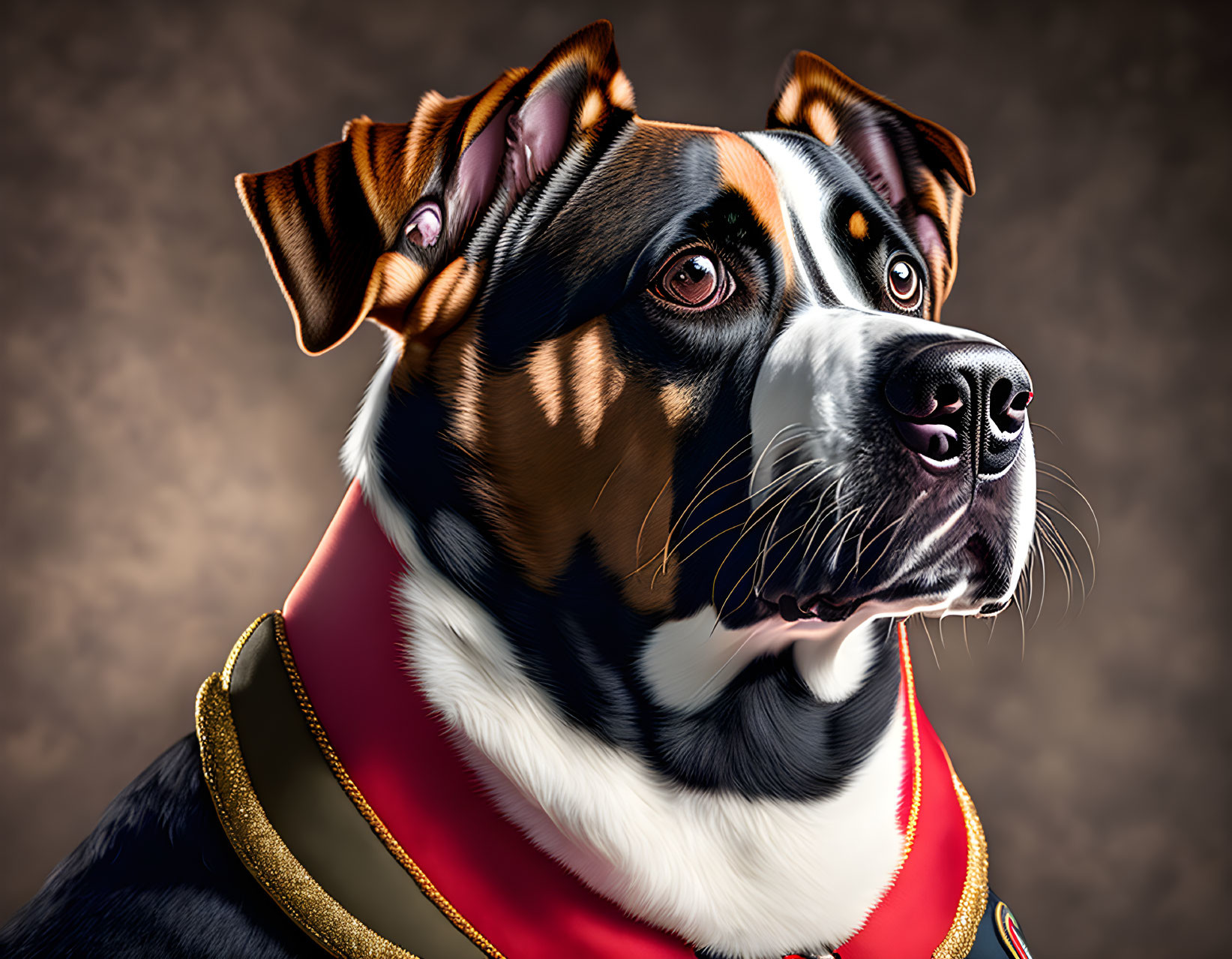 Stylized portrait of a dog in regal attire and posture