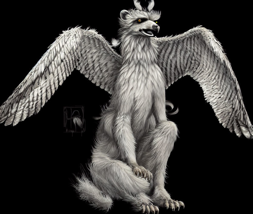 Mythical creature: wolf body, bird wings, black background