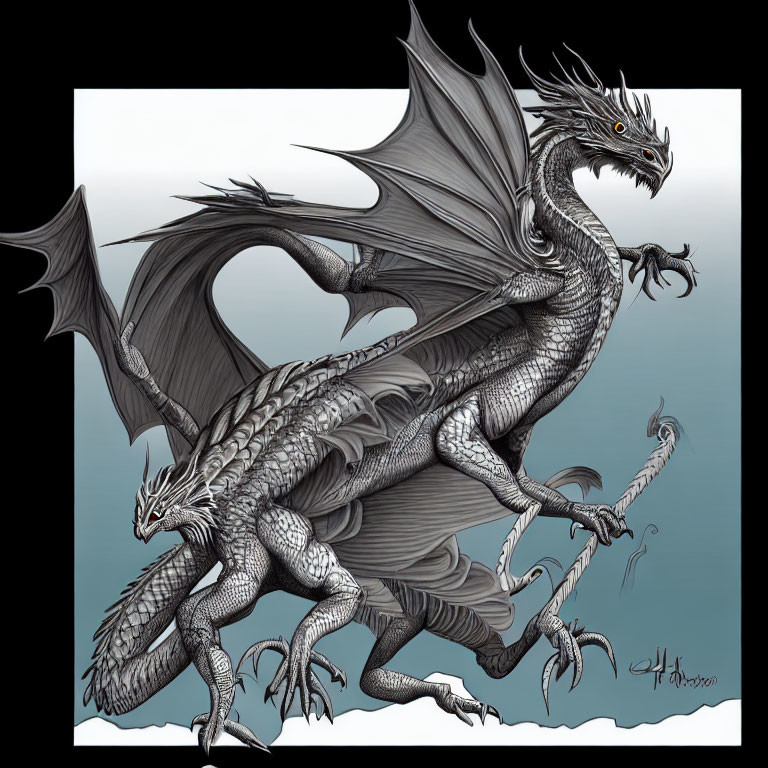 Detailed Illustration: Gray Dragon with Expansive Wings, Sharp Claws, and Spiky