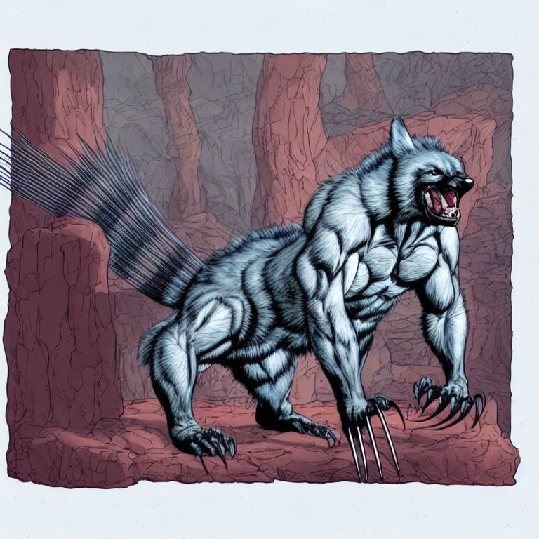 Menacing werewolf illustration with sharp claws on rocky background