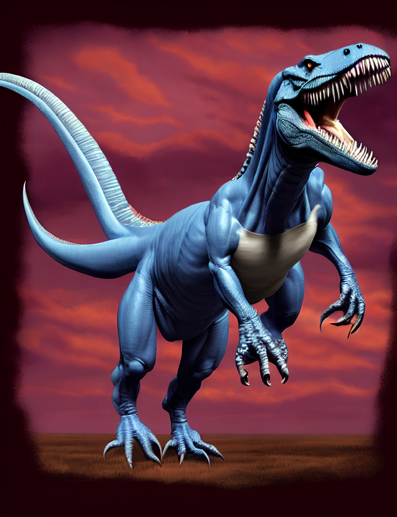 Blue Tyrannosaurus Rex in Dramatic Red Sky with Sharp Teeth and Powerful Legs