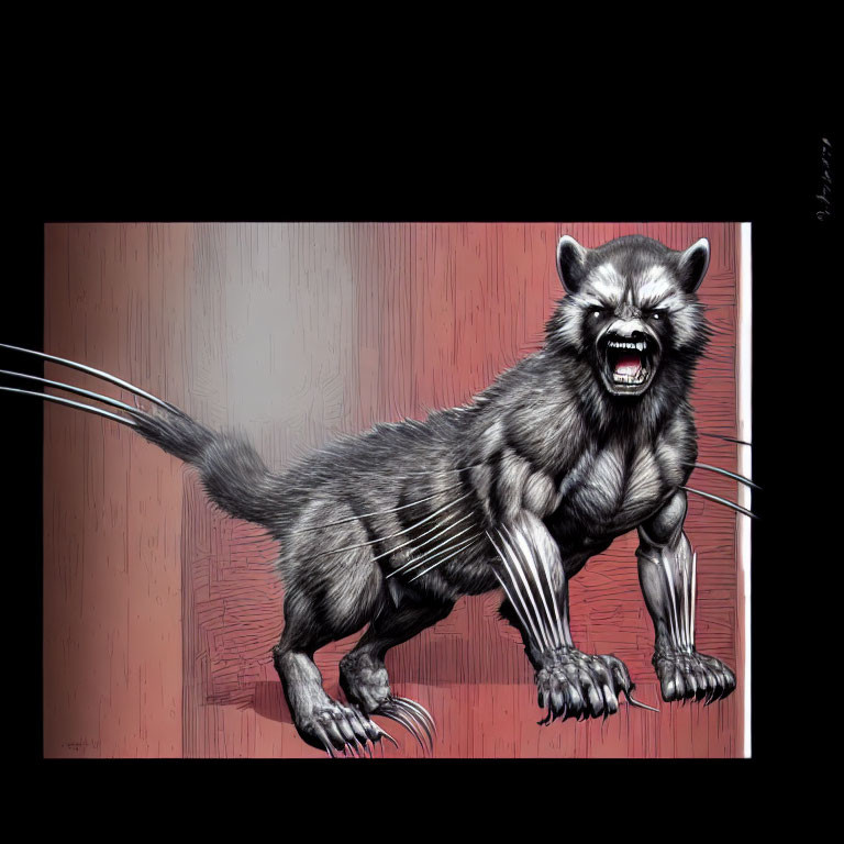 Fierce wolf-like creature with exaggerated fangs and metal claws on red background