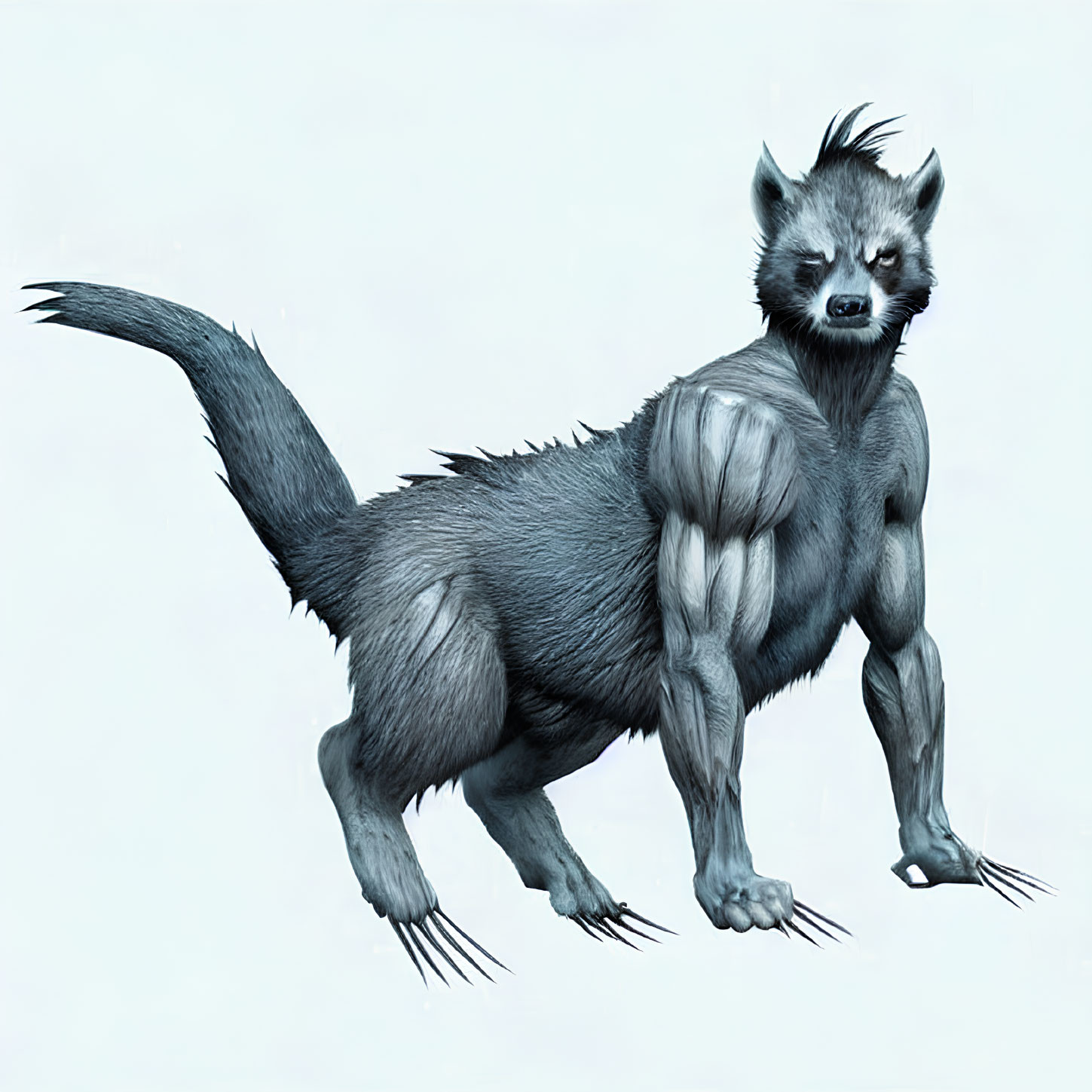 Muscular anthropomorphic wolf creature with fur and sharp claws