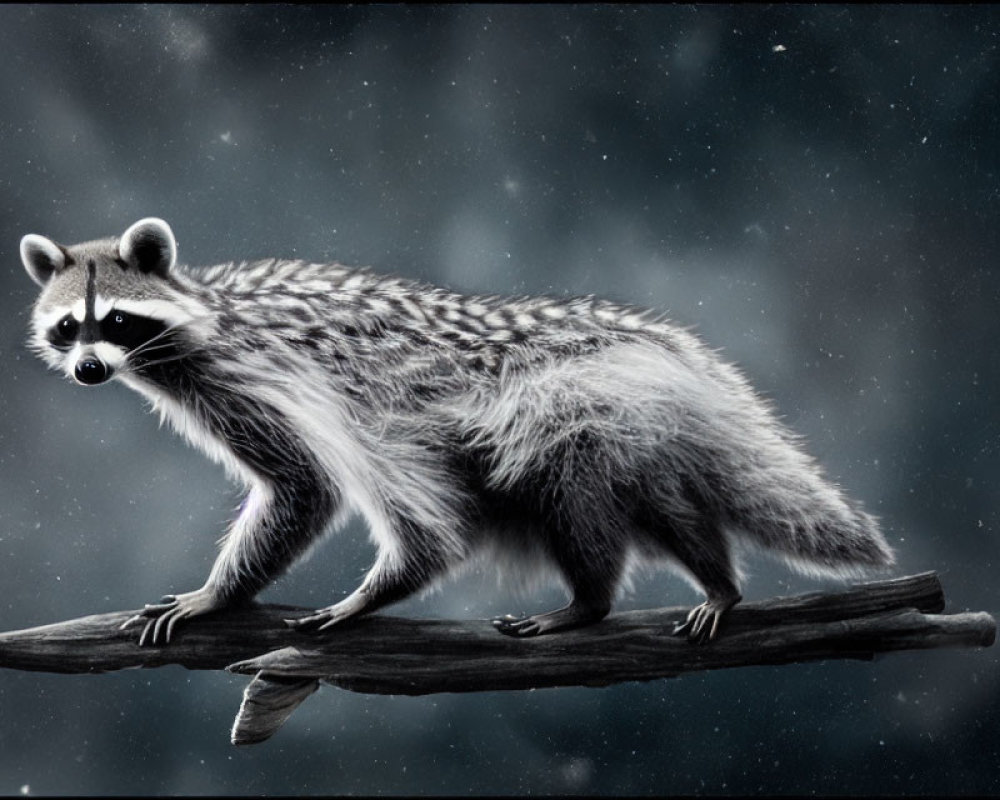 Raccoon on Branch Against Starry Night Sky