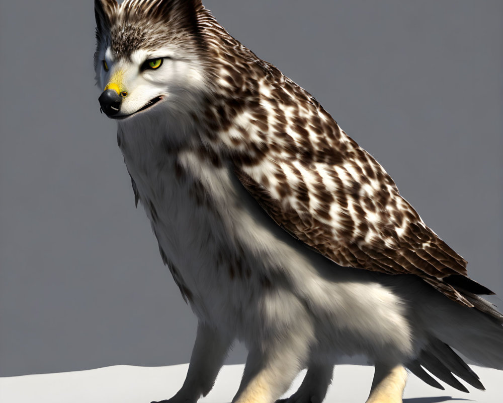 Mythical creature: Wolf-Owl hybrid with beaked face & feathered body