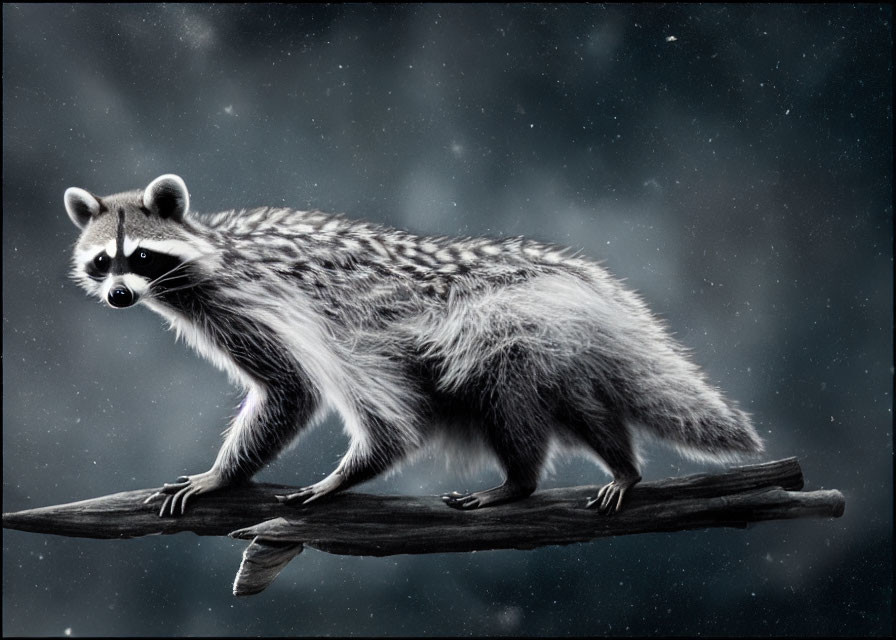 Raccoon on Branch Against Starry Night Sky