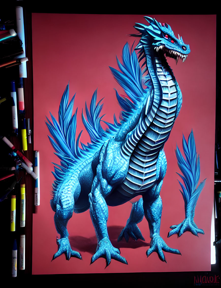 Detailed digital illustration of blue dragon against red background with art supplies