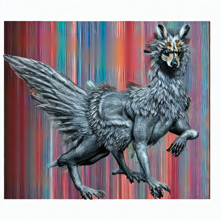 Fantastical bird-winged creature with wolf head on colorful background