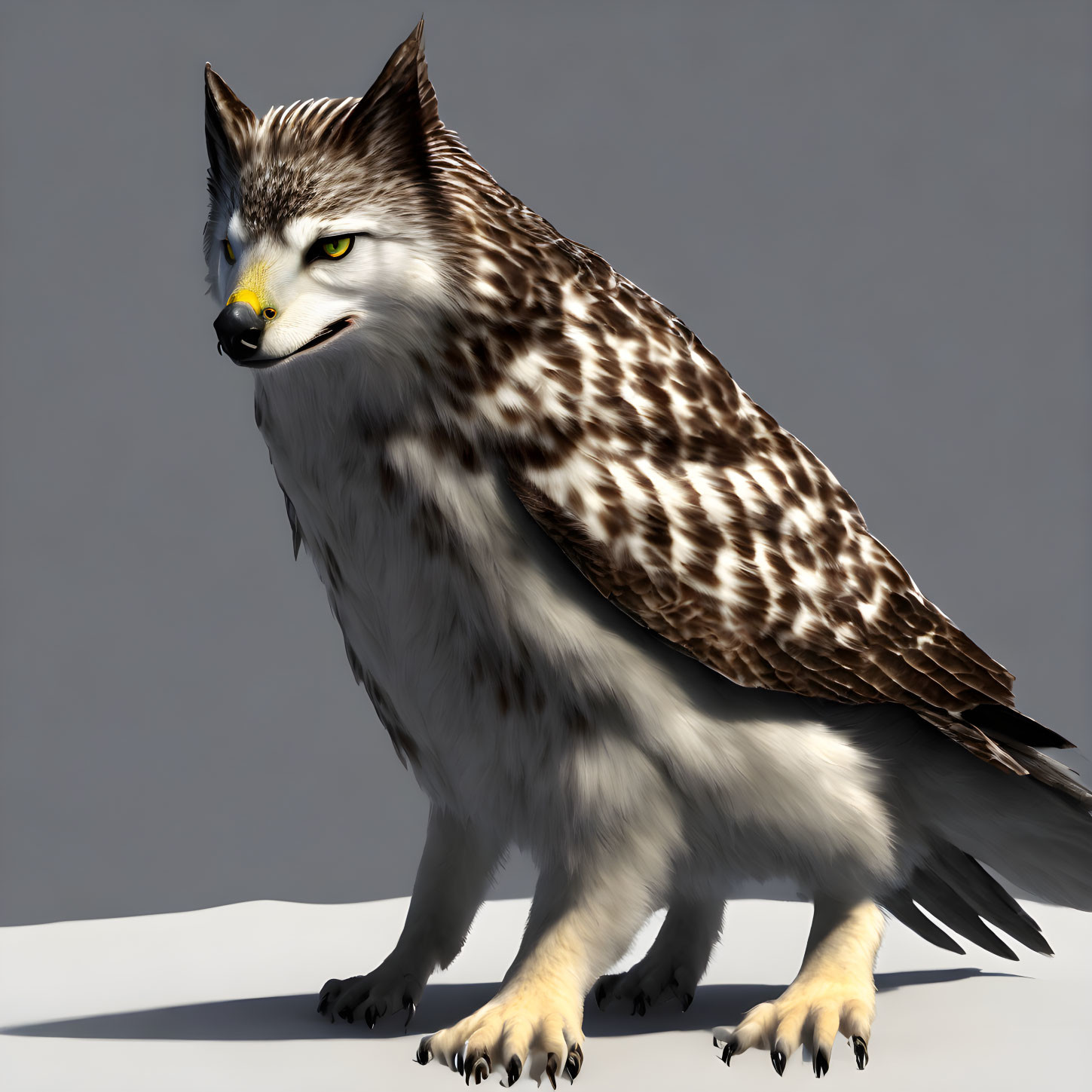 Mythical creature: Wolf-Owl hybrid with beaked face & feathered body