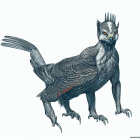 Mythical creature with bird body and feline head, sharp talons, stern gaze