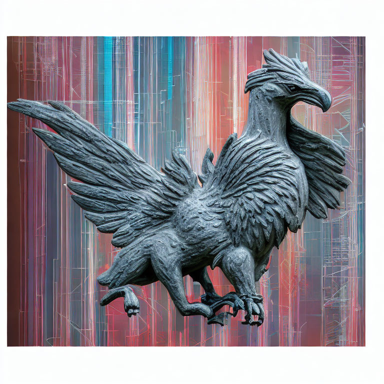 Majestic eagle sculpture in mid-flight with red and blue streaks