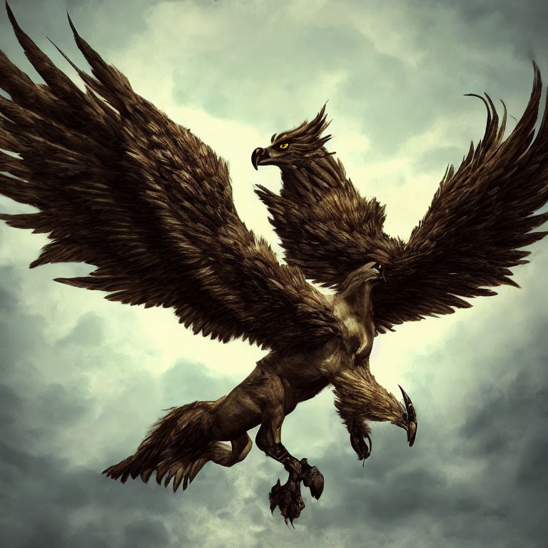 Detailed brown wings of majestic eagle-like creature against stormy sky.