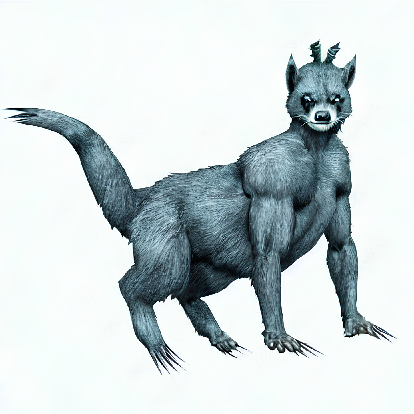 Illustration of mythical creature: large cat body, long tail, sharp claws, horned wolf head