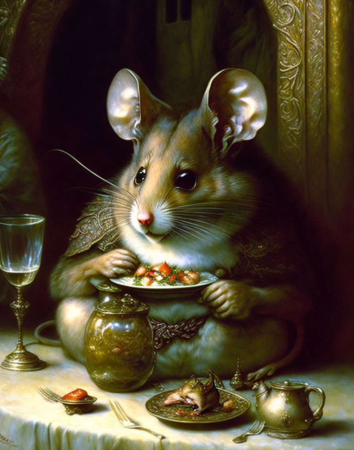 Whimsical painting of human-sized mouse dining in renaissance attire