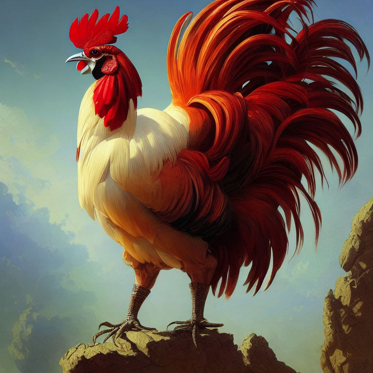 Vibrant red and white rooster on rock under blue sky