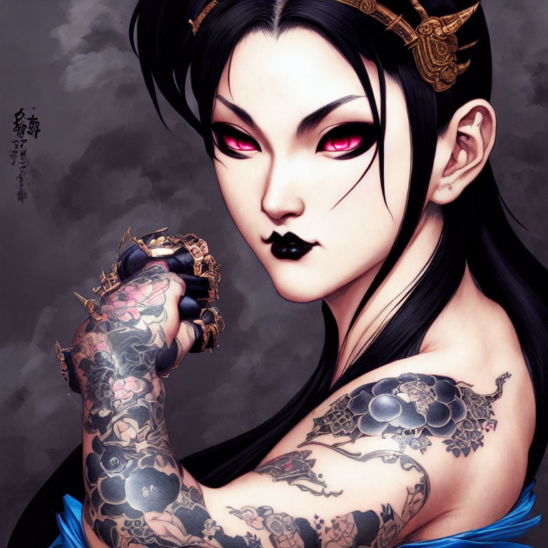 Illustrated Female Character with Pink Eyes, Black Hair, Tattoos, and Gold Headpiece on Dark