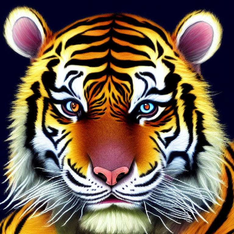 Detailed Tiger Face Illustration with Striking Blue Eyes and Bold Orange Stripes