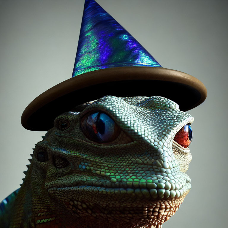 Realistic iguana with shiny wizard hat close-up.