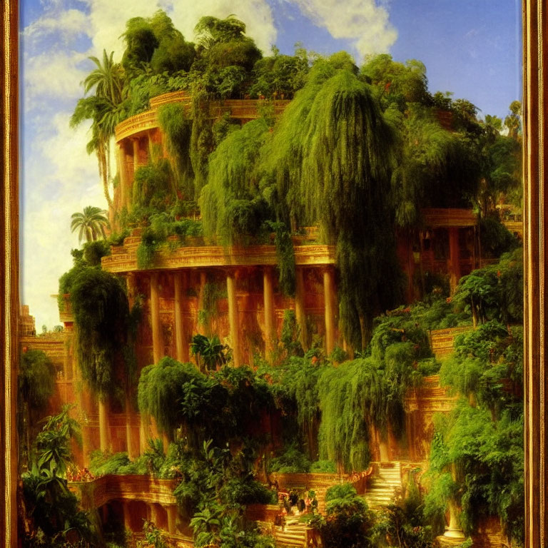 Verdant Hanging Gardens painting with lush foliage on terraced levels