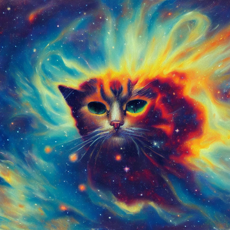 Vibrant cosmic cat face blending with swirling nebula colors