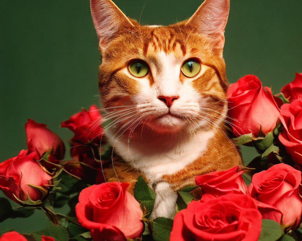 Orange Tabby Cat with Green Eyes Among Red Roses on Green Background